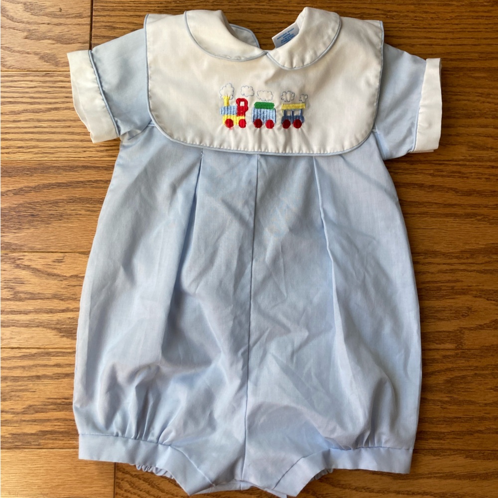 Vintage Nursery Rhyme Soft Blue Bubble Train Outfit-6 Months